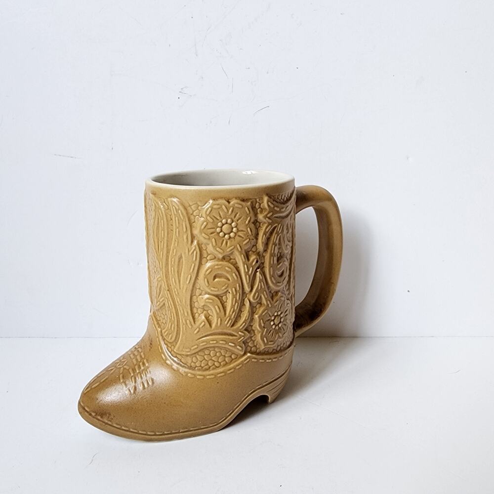 Ceramarte Western Cowboy Boot Coffee Mug Cup Made in Brazil Tan Brown Vintage